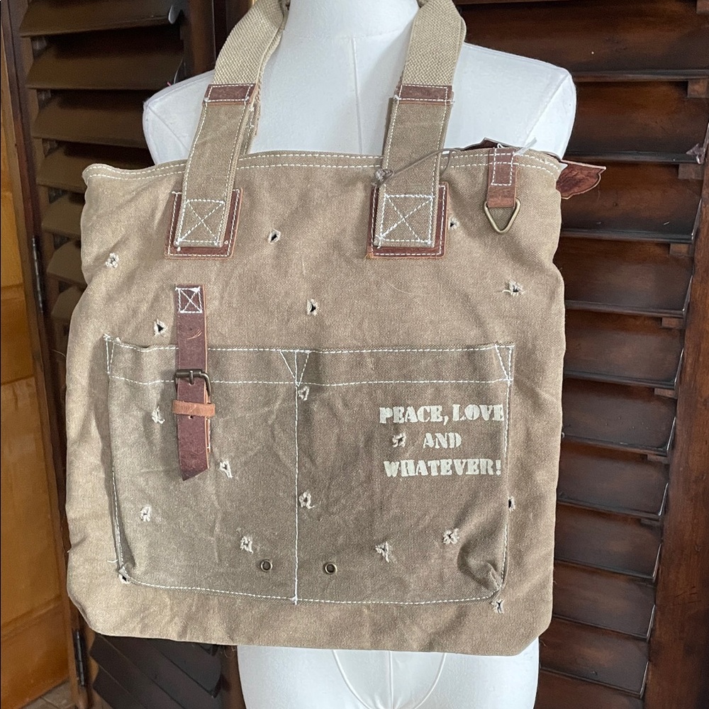 NWT Canvas Tote Bag Leather Accents Upcycled Recycled Outdoor Tents - Picture 2 of 16